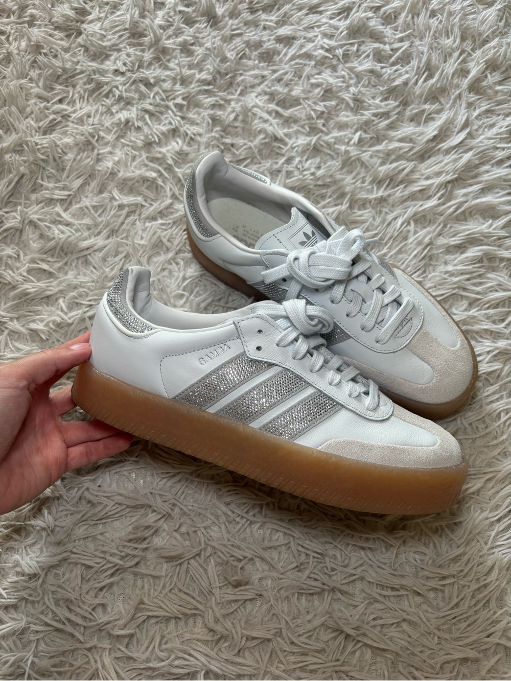 adidas Samba Platform Sneakers in White with Gum Sole rhinestones Womens 8